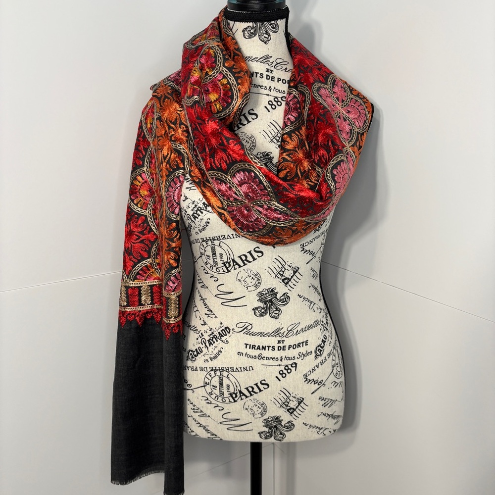 Handwoven Embroidered Pashmina Wool Charcoal Scarf Shawl Indian Traditional